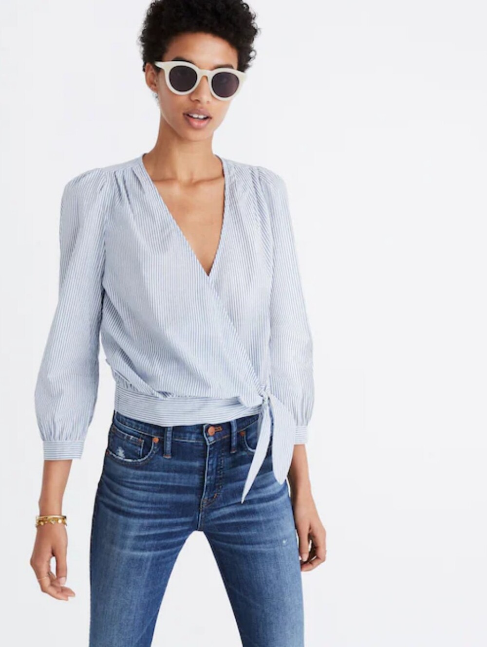MADEWELL | Women's White/Blue Indigo Cotton Striped V-Neck Cropped Wrap Top